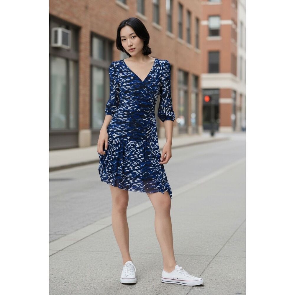 DIANE VON FURSTENBERG Cora Ruched Mesh Tie Dye Tiger Mini Dress Women's Medium